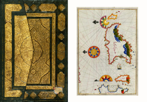 Jedna z kart atlasu z kolorowym przedstawieniem lądów, róż wiatrów i statkiem.