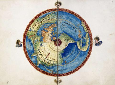 Kolorowa mapa z przedstawieniem kuli ziemskiej. Alegoryczne przedstawienie czterech wiatrów.