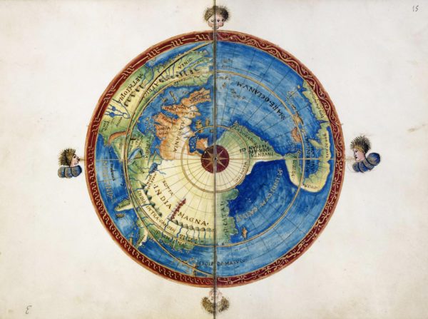 Kolorowa mapa z przedstawieniem kuli ziemskiej. Alegoryczne przedstawienie czterech wiatrów.