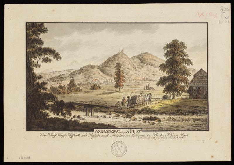 Tittel_Friedrich August Rytownik Friedrich August Tittel (1782-1836), Hermsdorf unterm Kynast, akwaforta, odbitka kolorowana, wymiary 20,4x30,9 cm, zasięg czasowy 1801-1900.