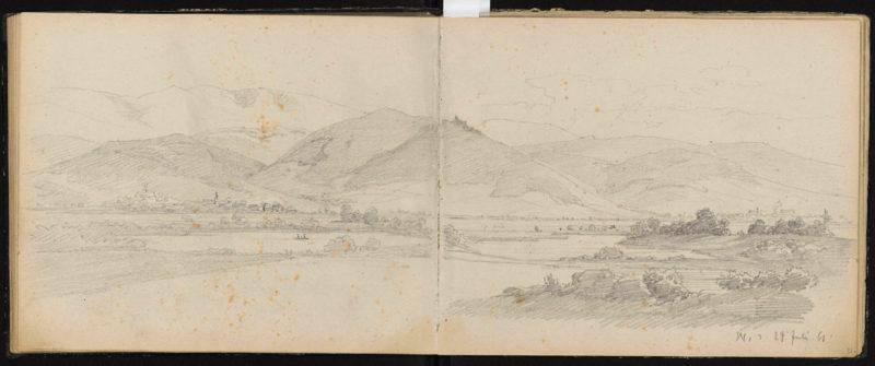 Zamek Chojnik Rysownik Arthur Blaschnik (1823-1918), panorama Kotliny Jeleniogórskiej z Cieplicami i zamkiem Chojnik u podnóży Karkonoszy, 1861 r., papier, ołówek, wymiary 16,8 x 20,7 cm, w zbiorach Muzeum Narodowego w Warszawie