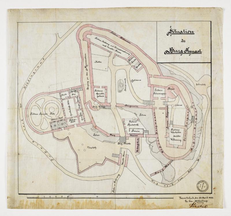 Zamek Chojnik_plan1 Zamek Chojnik, plan założenia, 1899 r., tusz-pióro, akwarela, wymiary 44,5x48 cm, Jelenia Góra, Karkonoski Park Narodowy