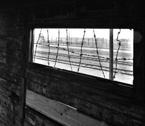 Wagon towarowy do przewozenia osob deportowanych na rampie w Brzezince. Widok na obóz przez zadrutowane okno, 1987 r.