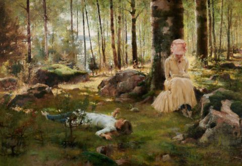 Albert Edelfelt (1854-1905), "Dzieci w lesie brzozowym nad fiordem Haikko", 1882 r., olej na płótnie, 92,5 x 134. Ze zbiorów Muzeum Narodowego w Warszawie.