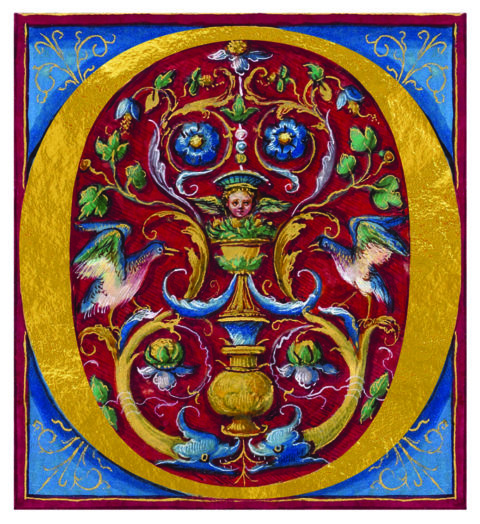 Inicjalna litera “O”: Book of Hours of Queen Bona Sforza – Modlitewnik Królowej Bony, MS. Douce 40, fol. 37 r, własność/wypożyczający The Bodleian Libraries, University of Oxford.