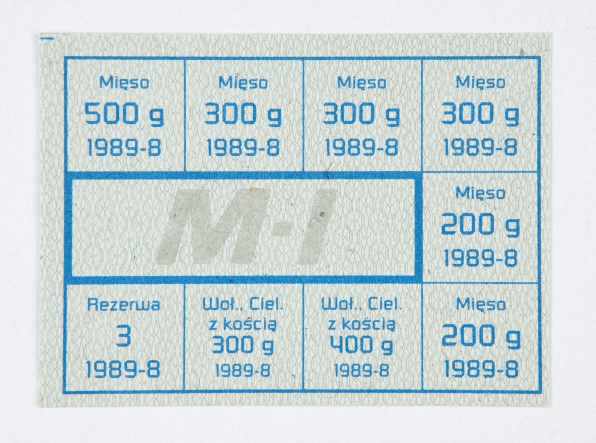 Kartka zaopatrzeniowa na produkty mięsne Kartka zaopatrzeniowa na produkty mięsne, PRL, sierpień 1989, Muzeum Narodowe w Krakowie.