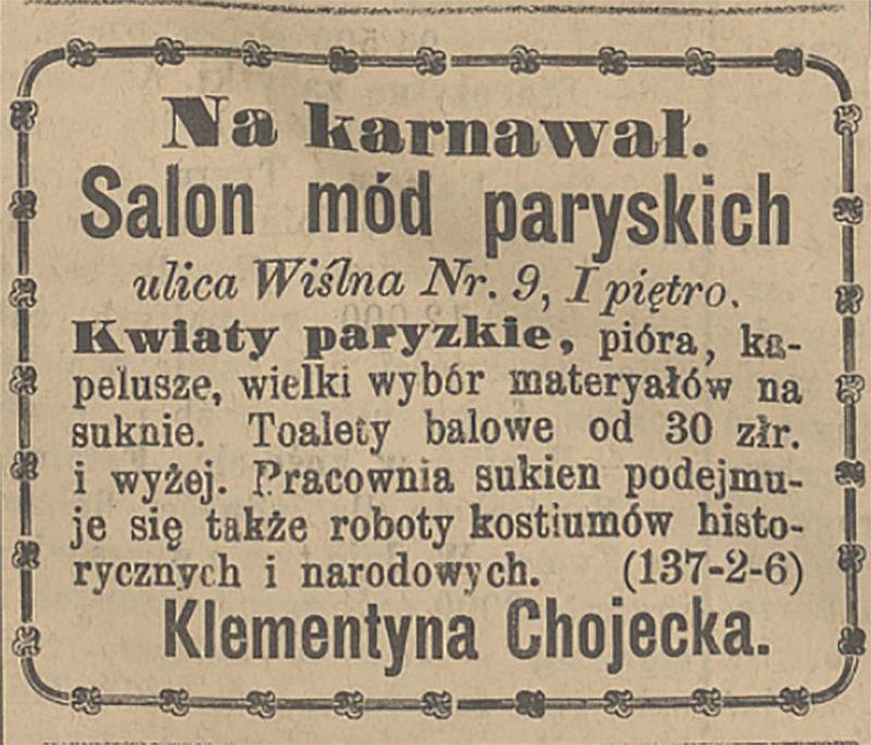 „Czas” 1883 r., nr 7, reklama salonu mód paryskich