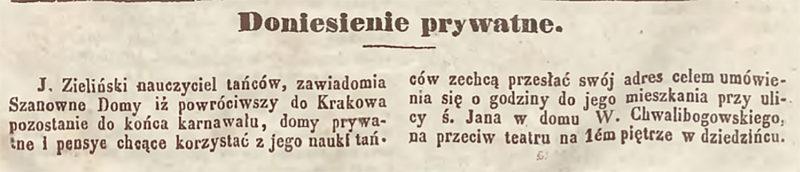 „Gazeta Krakowska” 1842 r., 264, doniesienie prywatne
