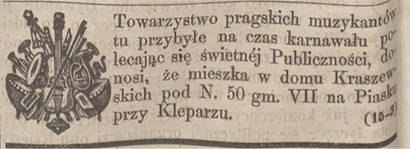„Czas” 1858 r., nr 10, ogłoszenie towarzystwa pragskich muzykantów