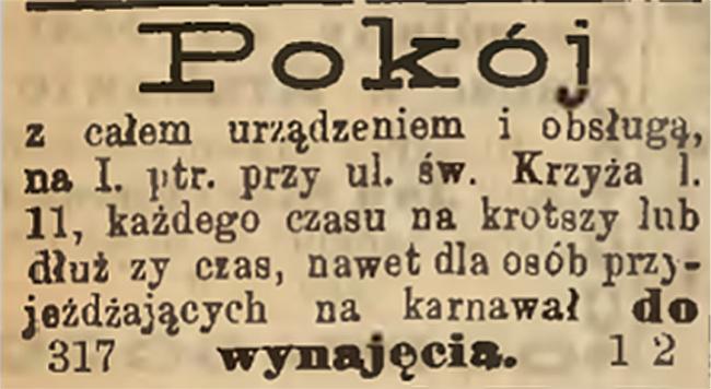 „Głos Narodu” 1896 r., nr 18, ogłoszenie pokoju do wynajęcia