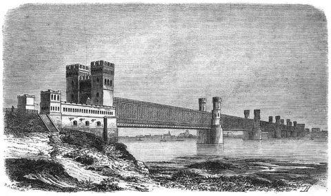 Ilustracja z 1858 roku ukazująca ówczesny wygląd Mostu Tczewskiego.