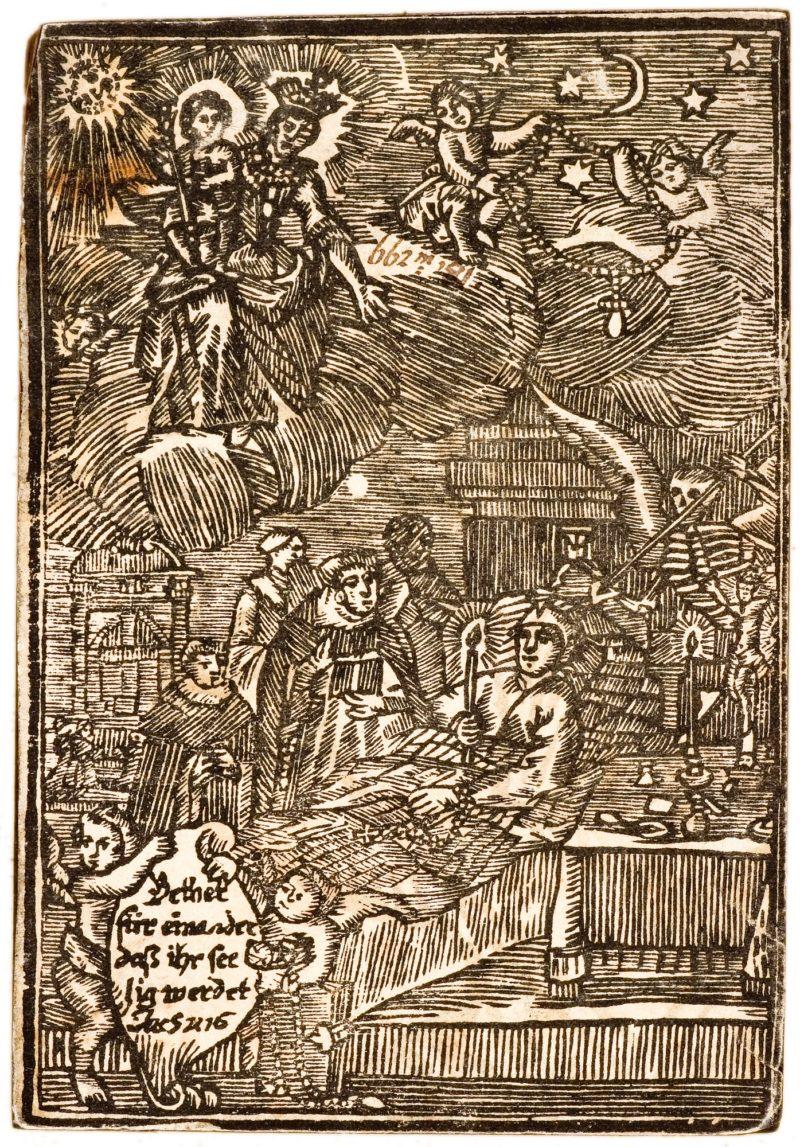 Klocek drzeworytniczy z grafiką "Módlcie się, byście zostali zbawieni".