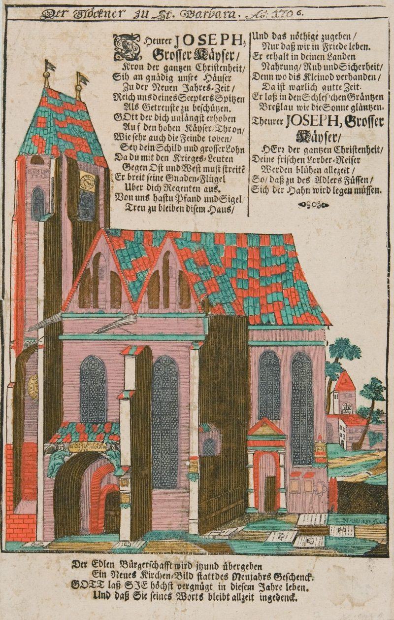 Kościół św. Barbary. Widok kartki z napisami i kolorowym malunkiem kościoła