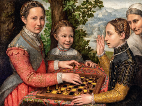 Sofonisba Anguissola, „Gra w szachy”, 1555, płótno, 72x97 cm. Na otoku drewnianej planszy malarka pozostawiła łaciński napis, który wyjaśnia przedstawioną na obrazie sytuację i identyfikuje postacie. W tłumaczeniu brzmi on: „Panna Anguissola, córka Amilcare, namalowała z natury trzy swoje siostry i piastunkę”