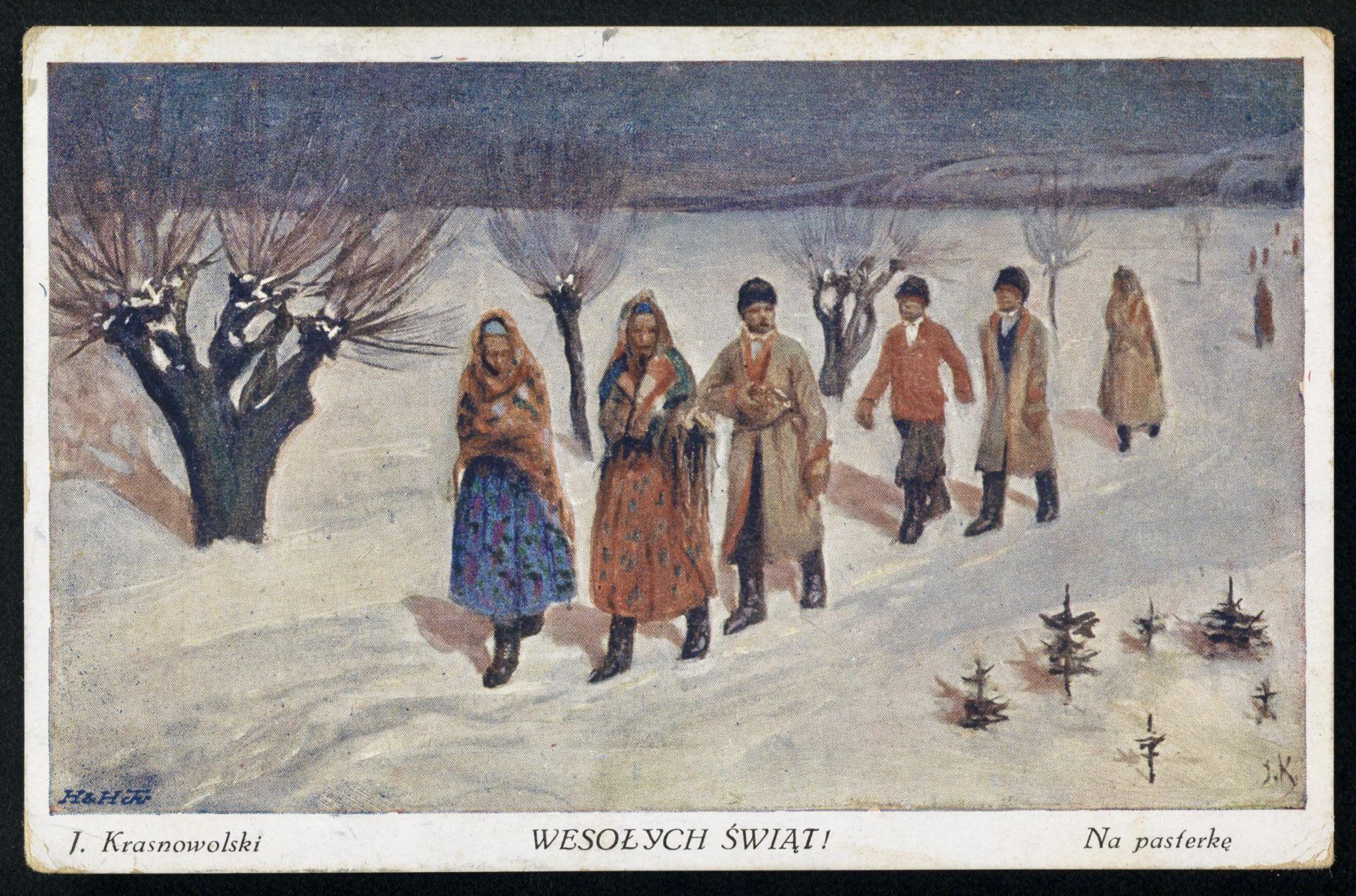 Wesołych Świąt! : na pasterkę. Autor wzoru Józef Krasnowolski, 1935 r. Kartki świąteczne, czyli słowa w prezencie