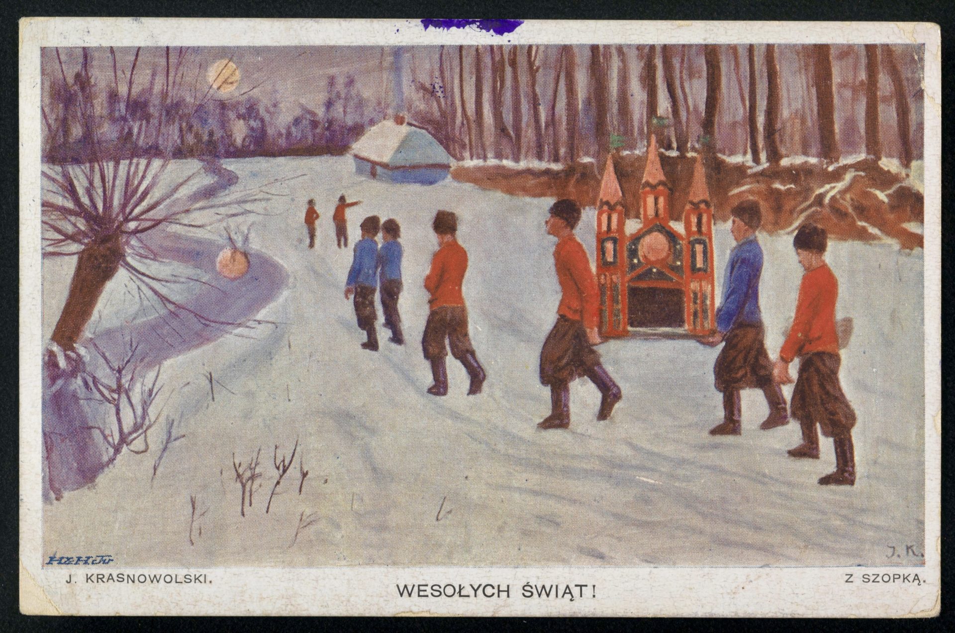 Wesołych Świąt! : z szopką, autor wzoru Józef Krasnowolski, 1921r. Kartki świąteczne, czyli słowa w prezencie