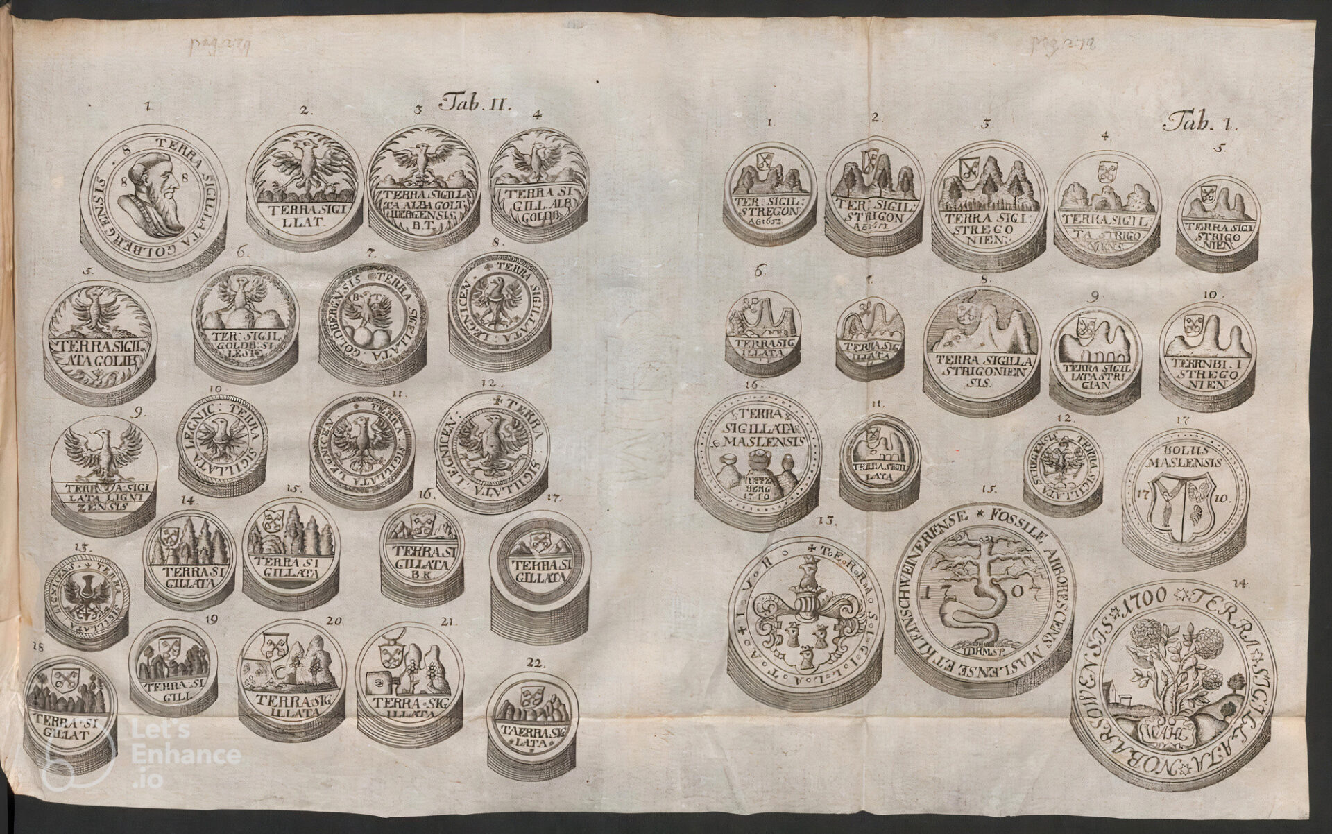 Ryc. 2. Wzory pieczęc i stosowanych do oznakowania pastylek śląskiej gliny leczniczej, wg. Volkmann 1720. jpg_auto_x2 Wzory pieczęci stosowanych do oznakowania pastylek ze śląskiej gliny leczniczej, według Volkmanna, 1720 r.