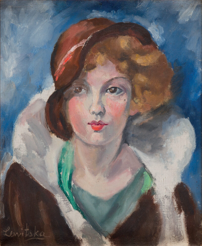 Zofia Lewicka olej na płótnie „Portret paryżanki” po 1905 roku. Kobieta o delikatnych rysach twarzy w kapeluszu la cloche i futrze..