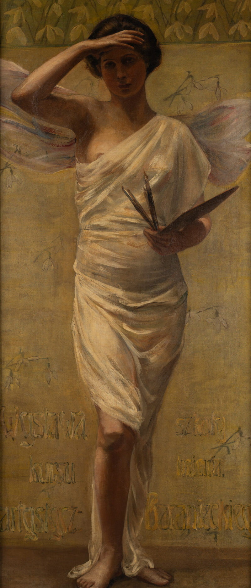 Maria Chmielowska obraz o tytule "Alegoria sztuki" z kolekcji prywatnej. Przedstawia kobietę w kontrapoście. Zakrywa ręką oczy przed słońcem, a w drugiej trzyma paletę i pędzle.