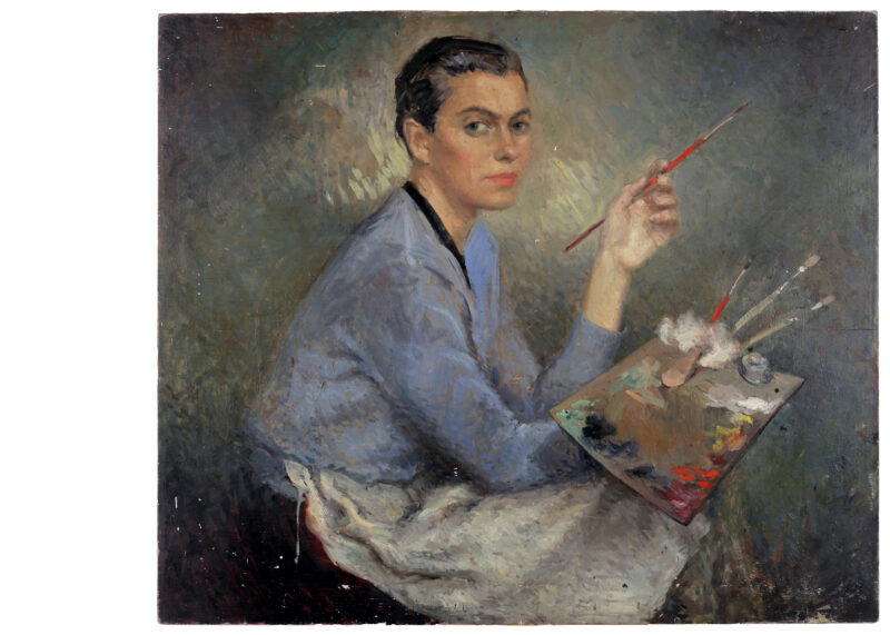 Jadwiga Przeradzka-Jędrzejewska, obraz techniką olej na sklejce, „Autoportret” lata 40 dwudziestego wieku. Na obrazie malarka z prawego profilu, siedzi. W jednej dłoni trzyma paletę z pędzlami.