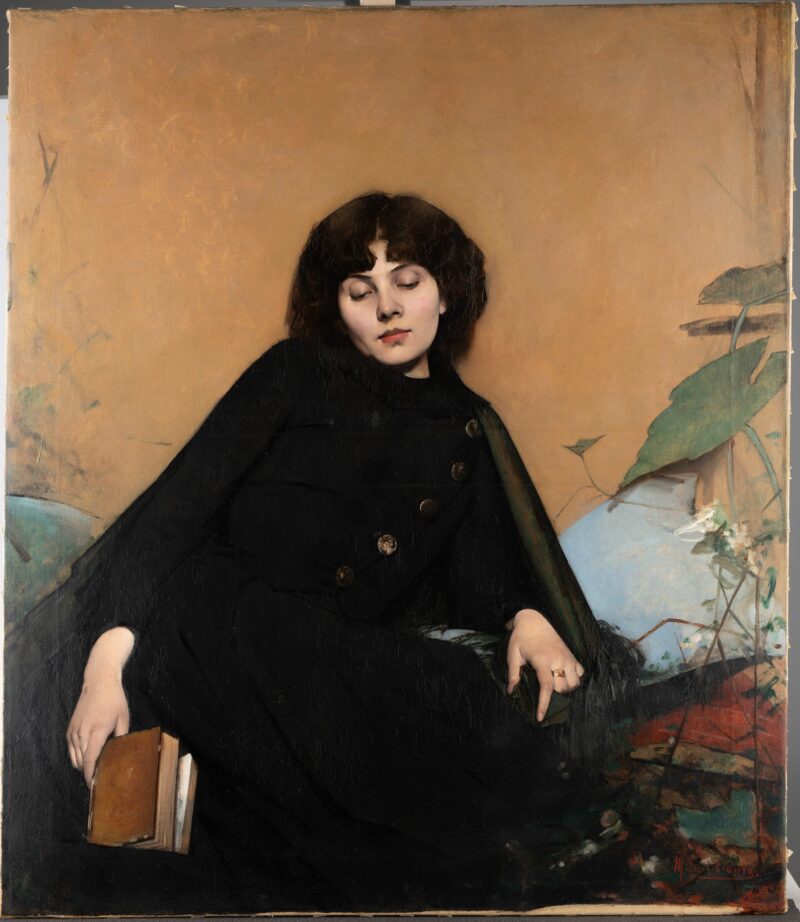 Maria Dulębianka,, obraz techniką oleju na płótnie, o tytule "Portret". Na nim kobieta siedząca, wygląda na znudzoną. W ręku trzyma książkę.