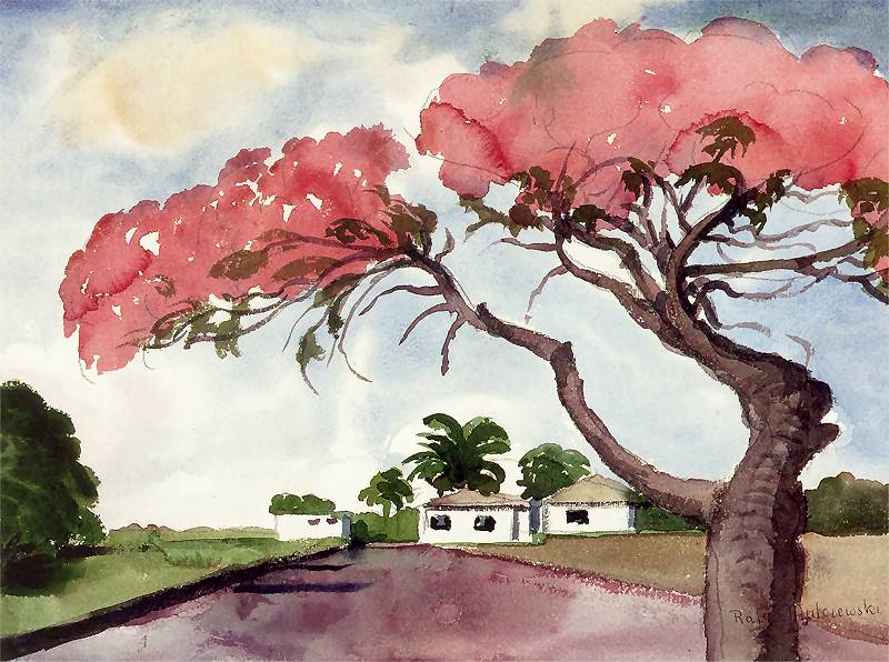 Rafał Malczewski, "Pejzaż z czerwono kwitnącym drzewem", akwarela, ołówek, papier. 34 x 51,3 cm., lata 40. XX w.