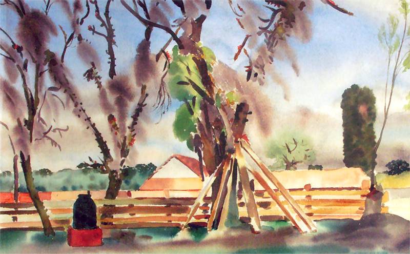 Rafał Malczewski, "Pejzaż z płotem" Parana, Brazylia, Akwarela, papier. 34 x 49 cm., 1942 r.