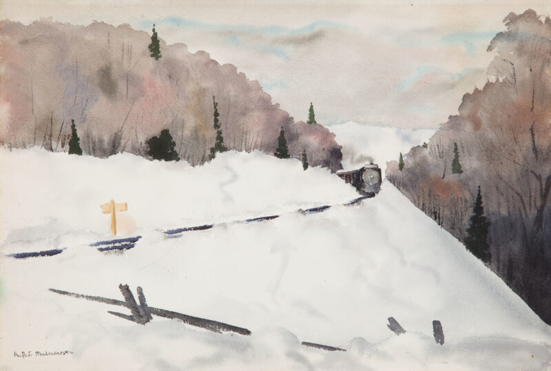 Rafał Malczewski, "Pejzaż zimowy z pociągiem", akwarela, ok. 1943 r.