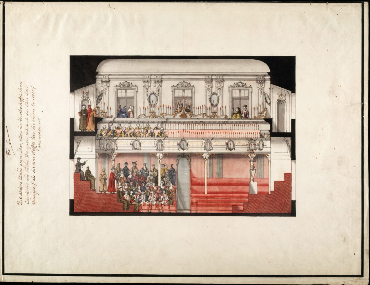 II.6.11. Schr 007, F 089, Nr 010, Bl. 5 Joachim Daniel Jauch (1684-1754) Przekrój Sali Senatorskiej Zamku Królewskiego, widok ściany południowej z rozmieszczeniem elementów dekoracji i iluminacji z okazji festynu karnawałowego w 1731 roku 1731 pióro, pędzel, tusz, akwarela; papier żeberkowy Sächsisches Staatsarchiv Hauptstaatsarchiv Dresden
