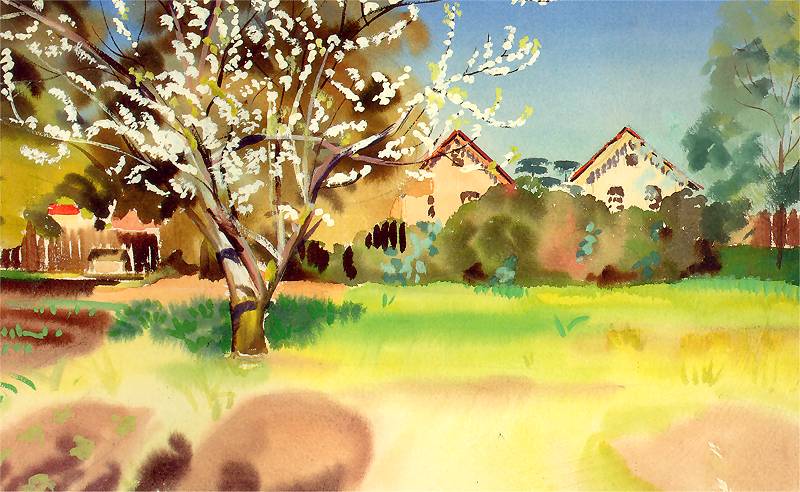 Rafał Malczewski, "Pejzaż z kwitnącym drzewem". Akwarela, papier. 33 x 48 cm.