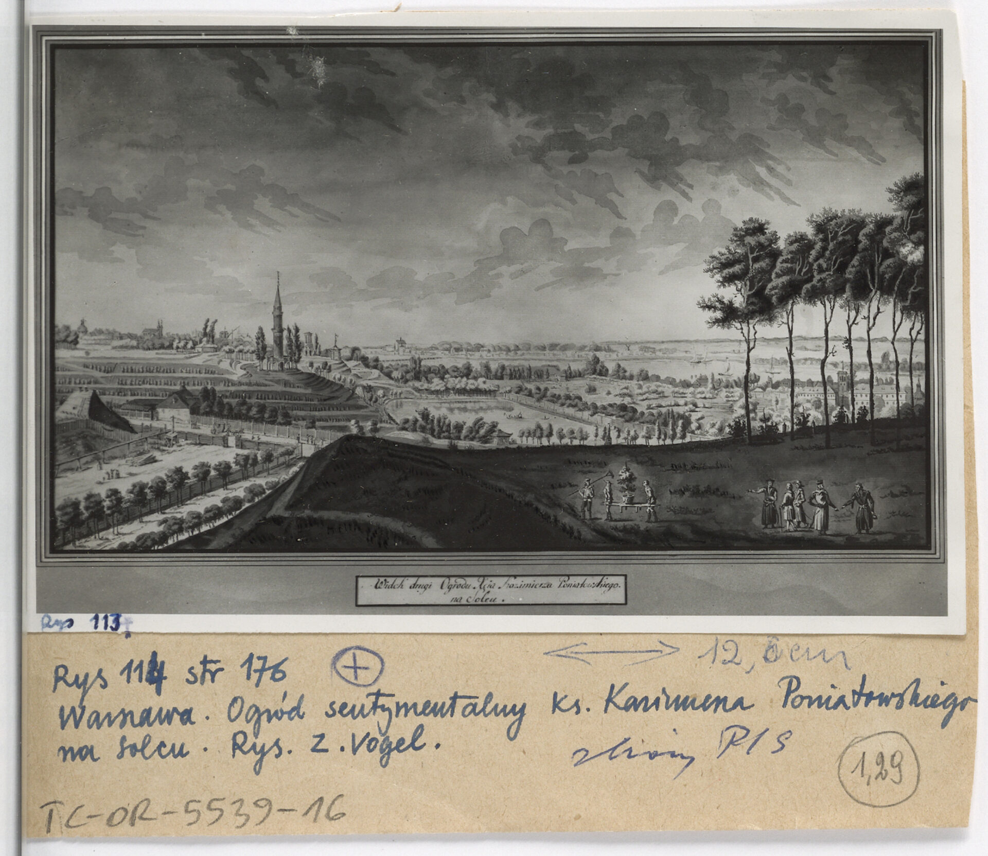 Reprodukcja ryciny Zygmunta Vogla ukazującej ogr&oacute;d sentymentalny księcia Kazimierza Poniatowskiego na Solcu. Spuścizna po prof. Gerardzie Antonim Ciołku (tzw. Teki Ciołka), 1952 r.