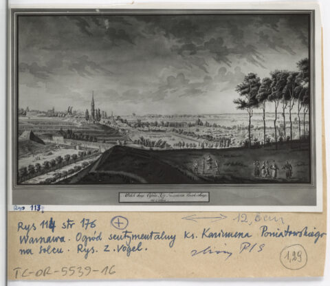 Reprodukcja ryciny Zygmunta Vogla ukazującej ogród sentymentalny księcia Kazimierza Poniatowskiego na Solcu. Spuścizna po prof. Gerardzie Antonim Ciołku (tzw. Teki Ciołka), 1952 r.