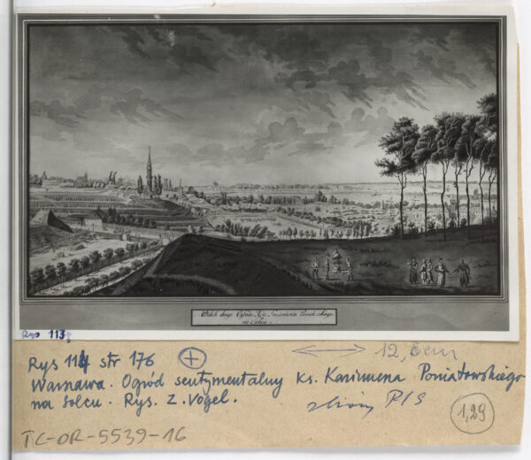 Reprodukcja ryciny Zygmunta Vogla ukazującej ogr&oacute;d sentymentalny księcia Kazimierza Poniatowskiego na Solcu. Spuścizna po prof. Gerardzie Antonim Ciołku (tzw. Teki Ciołka), 1952 r.