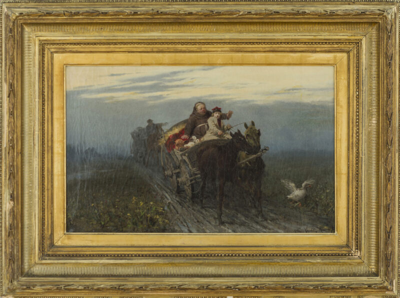 1a.-Alfred-Wierusz-Kowalski-Powrot-kwestarza-olej-na-plotnie-1873-r.-scaled Obraz o tytule "Powrót kwestarza" z 1873 roku. Przedstawia drewniany powóz z parą koni, jadących po wiejskiej drodze, na którym siedzi kwestarz i młody woźnica. Za nimi w tle jedzie inny powóz.