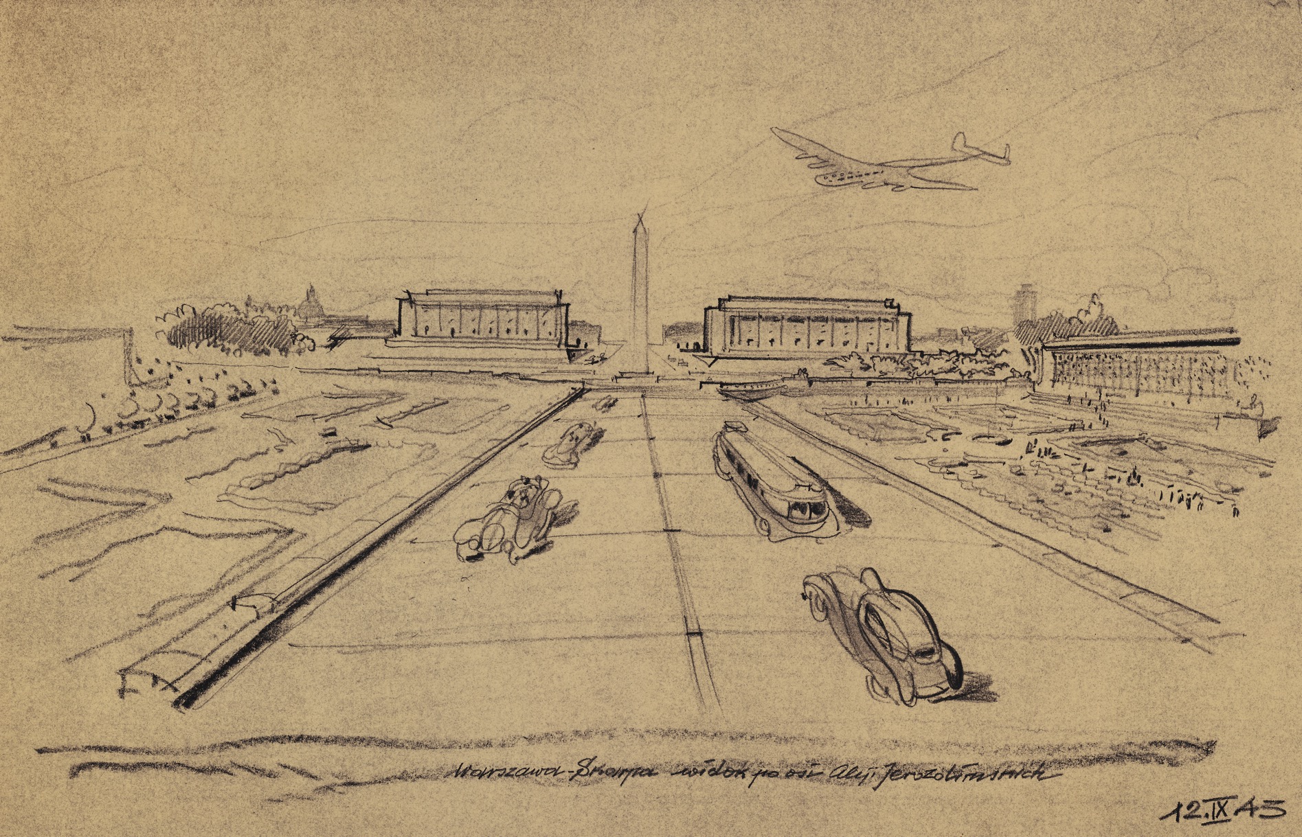 Skarpa wiślana – projekt z okresu okupacji, widok od strony Alej Jerozolimskich, obelisk na skrzyżowaniu niezrealizowanego przedłużenia ul. Kopernika i al. 3 Maja, rys. Kazimierz Marczewski, 1943 r. (Archiwum Państwowe w Warszawie, sygn. 72/1367/0/291/335)