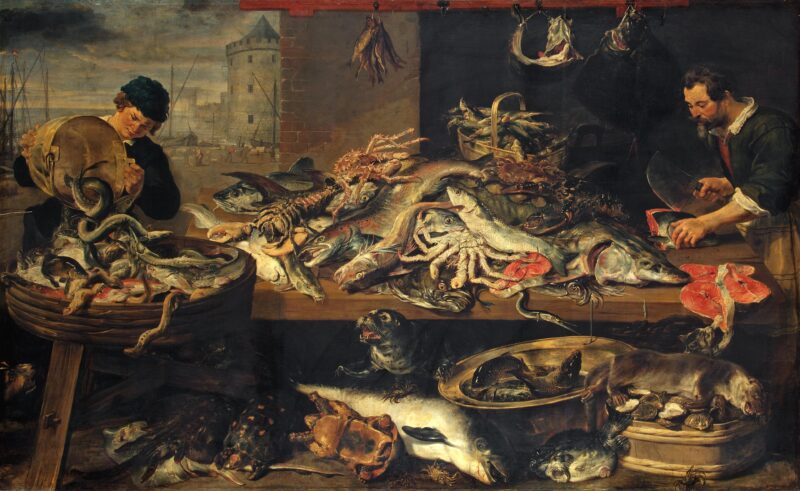Frans_Snyders_-_Fish_Stall_-_WGA21521 Frans Snyders obraz o tytule "Kram z rybami", z około 1618-1621 roku. Przedstawia nadmorskich rybaków przygotowujących owoce morza do sprzedaży. Pod stołem z towarami foka patrzy na kosz z rybami. W tle morze oraz baszta.
