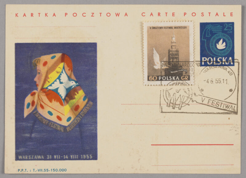 Karta pocztowa ze znaczkami i pieczątkami festiwalowymi, 1955 r.