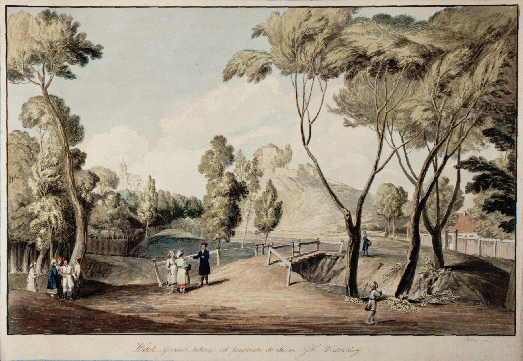 Korzkiew. Widok zamku i kościoła po 1805 r. Akwarela Józefa Peszki, Biblioteka Zakładu Narodowego im. Ossolińskich we Wrocławiu