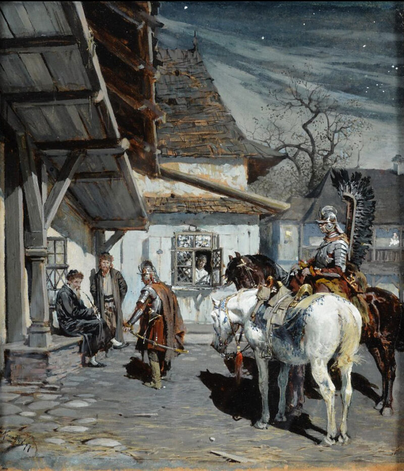 Na zwiadach Obraz o tytule "Na zwiadach". Przedstawia dwóch żołnierzy husarii na koniach. Jeden po lewej stronie rozmawia z dwoma starszymi mężczyznami. Za nimi w oknie inny mężczyzna przygląda się sytuacji.