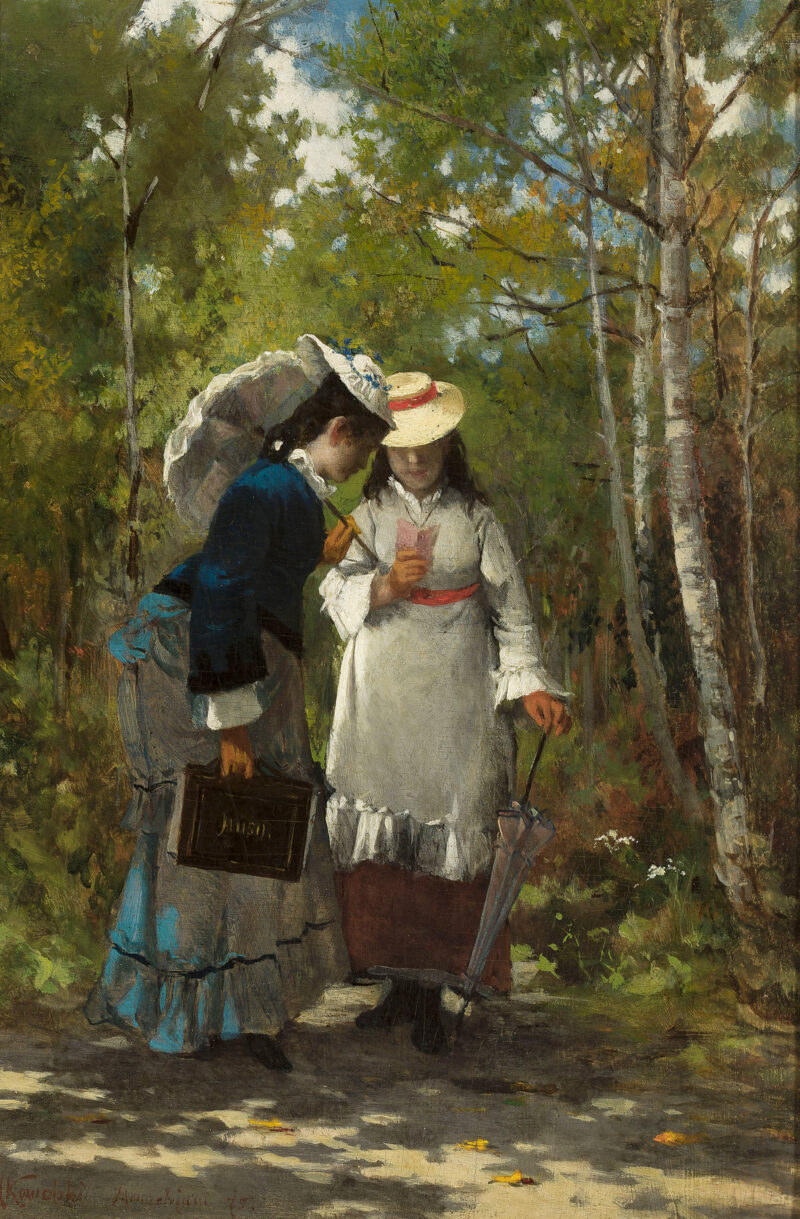 Pensjonarki na spacerze w lasku__OBR_Zmniejszone Obraz o tytule "Pensjonarki na spacerze w lasku" z 1875 roku. Przedstawia dwie młode kobiety stojące na ścieżce w lesie.