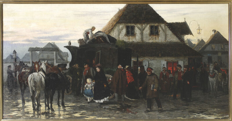 Przyjazd karetki pocztowej do miasteczka__OBR "Przyjazd karetki pocztowej do miasteczka" obraz z 1873 roku. Na głównym planie mieszkańcy wsi, część zwraca uwagę na konie, które są po lewej stronie. Za mieszkańcami w tle domy.