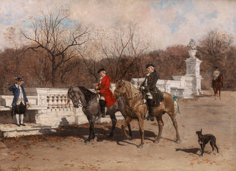 spacer konny w parku__OBR Dzieło o tytule "Spacer konny w parku". Przedstawia na głównym planie dwóch mężczyzn w historycznych kostiumach, obok nich po lewej stronie salutuje im służba. Po prawo towarzyszy im drobny pies. Za nimi w tle jesiennych drzew inny mężczyzna jedzie na koniu. Po prawicy jeźdźców parkowa balustrada w stylu klasycystycznym.
