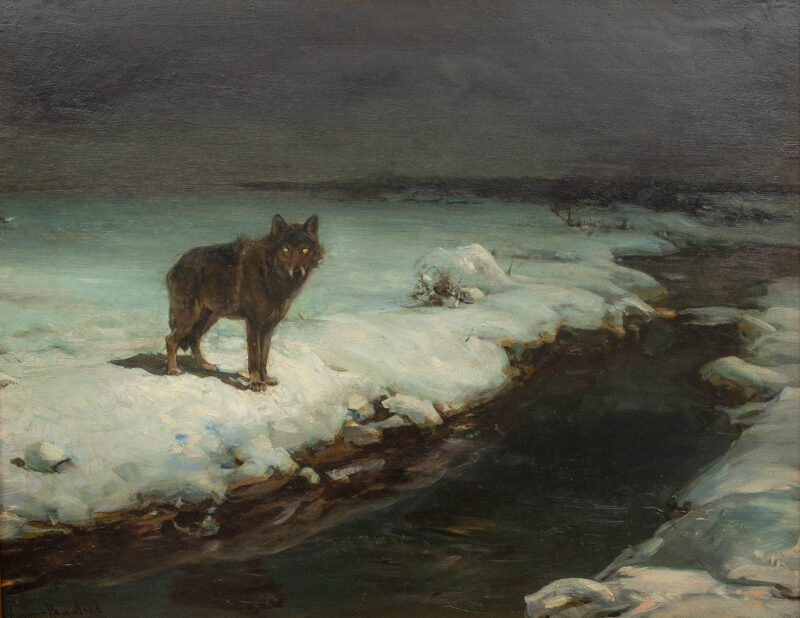 wilk-lata-80-xix-w-alfred-wierusz-kowalski-1440794 Obraz pod tytułem "Wilk" z lat 80 XIX wieku. Ukazuje wilka patrzącego na widza, przy rzece. Wokół śnieg, w tle las i nocne, zachmurzone niebo.