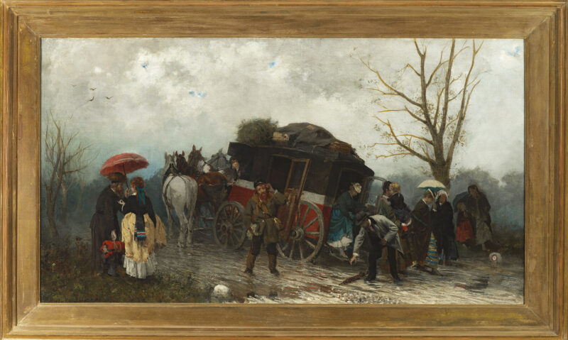 Wypadek w podróży__OBR_Zmniejszone Obraz o tytule "Wypadek w podróży" z 1873 roku. Ukazuje ludzi wychodzących z dorożki na drogę wiejską. W tle las i zachmurzone niebo.