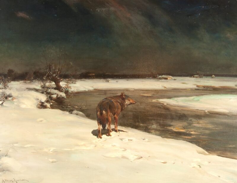 „Wilk” z Muzeum Polskiego w Rapperswilu Obraz o tytule "Wilk" z około 1880 roku, znajdujący się w Muzeum Polski w Rapperswilu. Przedstawia wilka od tyłu stojącego nad rzeką, patrzącego w dal z prawego profilu. W tle zaśnieżona kraina.