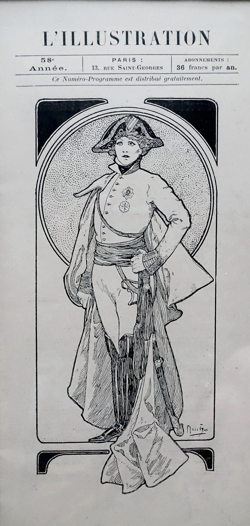 Alfons Mucha, „Sarah Bernhardt w roli Orlątka”, rycina wykonana dla specjalnego wydania pisma „L’Illustration”, dodawanego do programu prapremiery sztuki Edmonda Rostanda, 15 marca 1900 r.