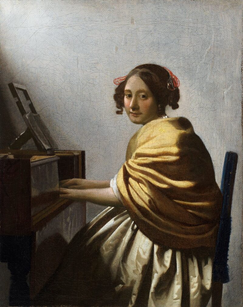 Jan_(1632_75)_Vermeer_-_Jeune_femme_assise_au_virginal_(A_Young_Woman_seated_at_a_Virginal)_Peinture_de_-_(MeisterDrucke-1314543) Jan Vermeer, „Młoda kobieta siedząca przy wirginale”, ok. 1670–1672 r. Olej na płótnie, The Leiden Collection w Nowym Jorku