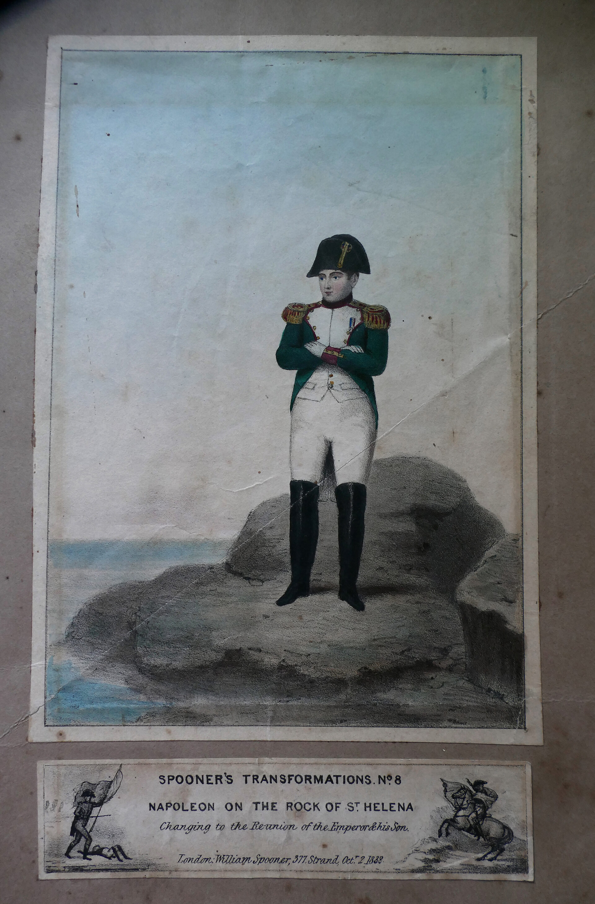 P6980027__OBR Napoleon na Wyspie św. Heleny pod wpływem światła zmieniający się w spotkanie cesarza z synem, litografia kolorowana, 1838 r.