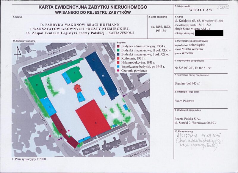 610d50bb75582 „Dawna Fabryka Wagonów Braci Hoffmann i Warsztatów Głównych Poczty Niemieckiej, ob. Zespół Centrum Logistyki Poczty Polskiej” - karta ewidencyjna zabytku, dokumentacja z października 2013 r. Fot. Zabytek.pl