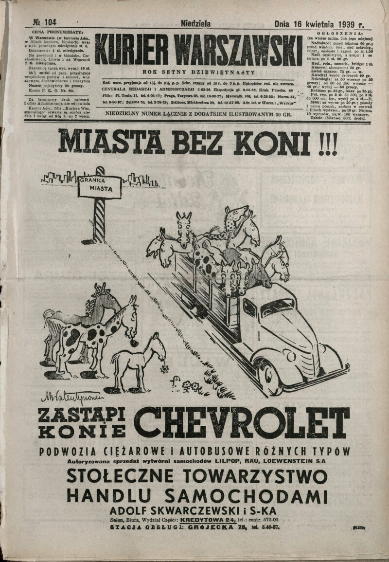 Reklama Stołecznego Przedsiębiorstwa Handlu Samochodami Adolf Skwarczewski & S-ka , autorstwa Mariana Walentynowicza. („Kurier Warszawski”, 1929 r.) Fot. BUW